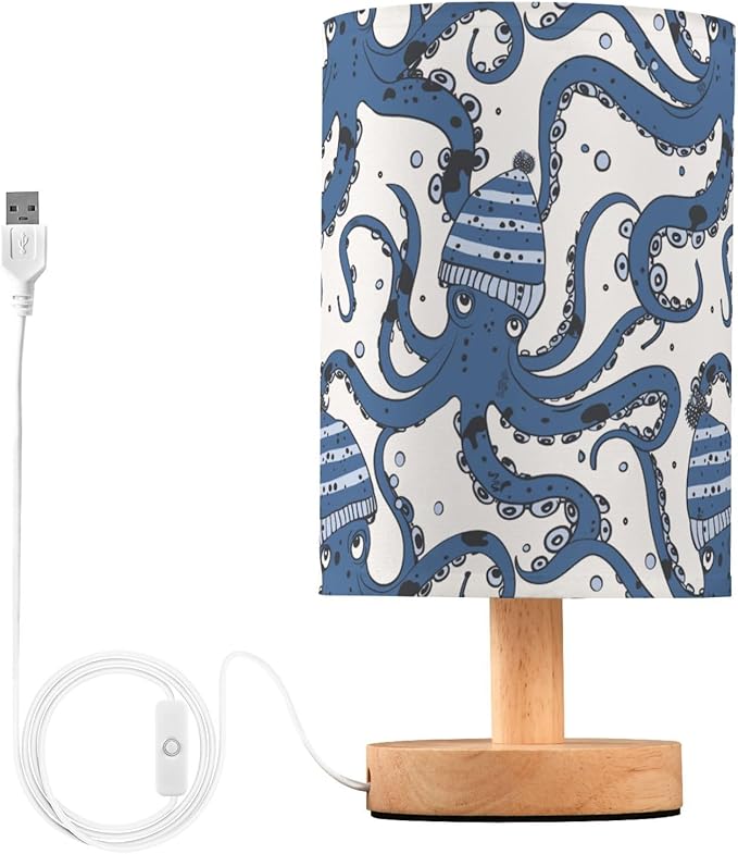 Fustylead Navy Blue Octopus in Hat Table Lamp for Bedroom USB Port Lamps Small Accent Table Lamp Nightstand Lamp Sturdy Linen Shade Wooden Base Decorative Lamps for Bedside Reading|Kids|Dorm|Home