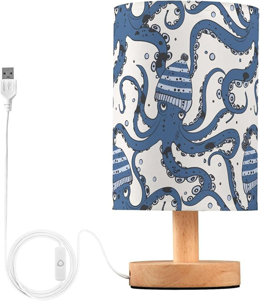 Fustylead Navy Blue Octopus in Hat Table Lamp for Bedroom USB Port Lamps Small Accent Table Lamp Nightstand Lamp Sturdy Linen Shade Wooden Base Decorative Lamps for Bedside Reading|Kids|Dorm|Home