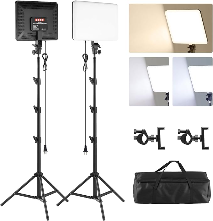 Studio Lights for Video Recording, 2-Pack 14 Inch LED Video Light Panel Kit with 70.8" Tripod Stand, Photography Lighting Kit with Phone Holder, 50W Stream Light for Video Recording and Photography