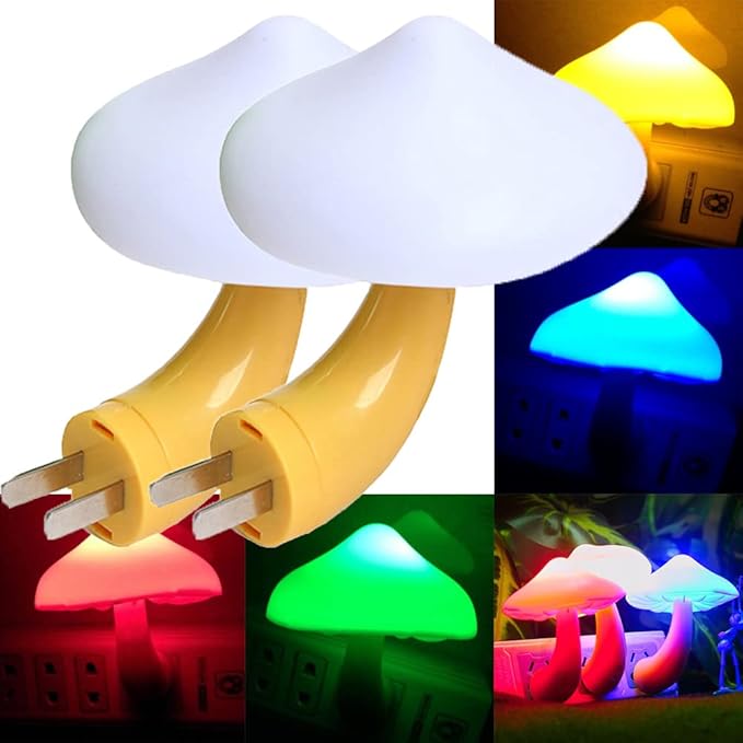 ESUPPORT 2 Pack Mushroom-Shaped Energy Saving Sensor LED Night Light with Plug Colorful(Average Life Expectancy 50000h) Colorful