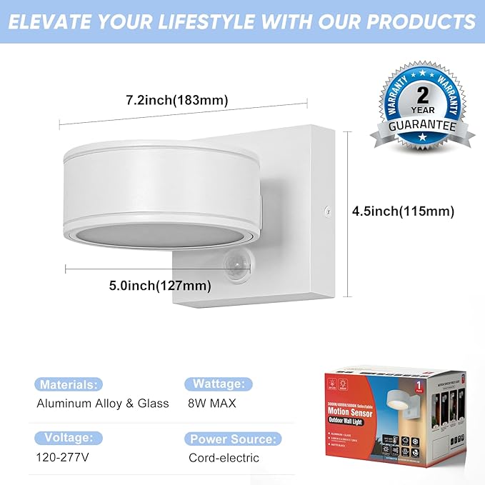 Motion Sensor Outdoor Lights with 3000K/4000K/5000K Adjustable, Aluminum White LED Outdoor Wall Sconce, Modern Outside Exterior Lighting Fixtures for Porch,House, Doorway, Garage,Front