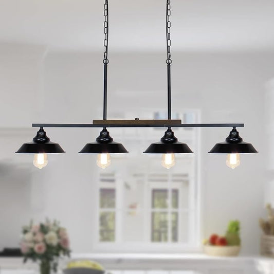 Kitchen Island Light, 4 Lights Black Pendant Dining Room Light Fixture Farmhouse Chandeliers for Dining Room Over Table Metal Hanging Lamp for Kitchen Island Hallway Pool Table