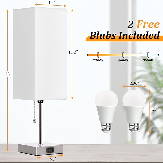 Table Lamp for Bedroom set of 2,3-Color Bedside Lamps with Pull Chain Table Lamps for Nightstand with AC Outlets,18'' Night Light Lamps with 2 Bulbs Lamps for Living Room Kids Office Decor（Nickel）