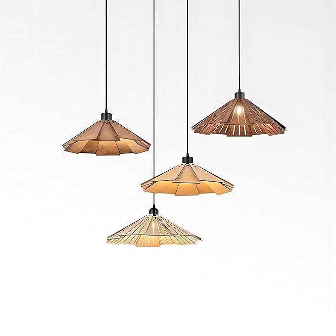 LIGHTLAND 16 Inch Wabi-Sabi Style Pendant Light, Wooden Hanging Light with Adjustable Hanging Length, Hanging Lamp for Bedroom, Dining Room, Bar - Hollowed, Wood Color, Pack of 1