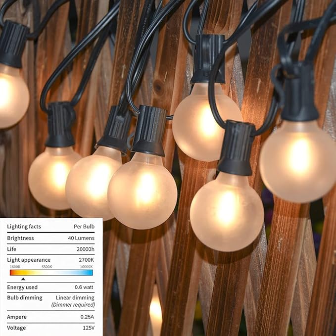 Outdoor LED String Lights, 50Ft with 52 Frosted White LED Globe Bulbs, Waterproof for Indoor/Outdoor Use, Perfect for Garden, Bistro, Pergola, Tents & Decorations, White