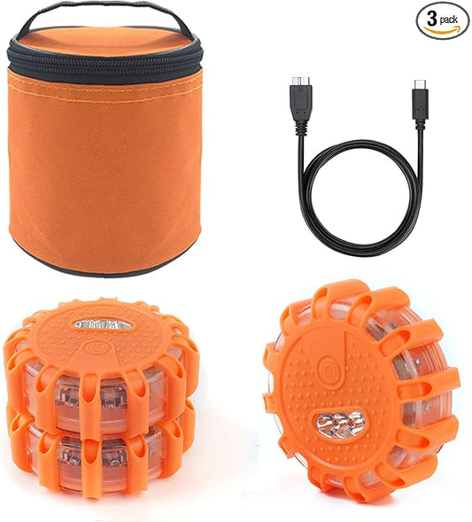 USB Rechargeable LED Road Flares Emergency Lights-Roadside Warning Car Safety Beacon Flashing Disc Flare Kit with Magnetic Base for Vehicles & Boat | 3 Beacon Disc Pack