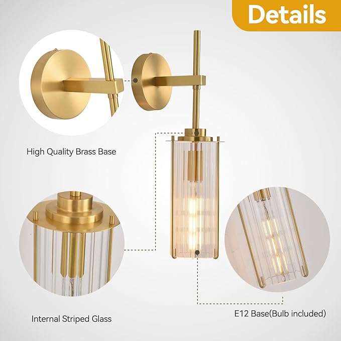Modern Brass Wall Sconce,18" Gold Wall Sconces,Bathroom Vanity Light Fixtures with Vertical Striped Glass Tube,Modern Lamp Lighting for Bedroom,Living Room,Hallway,Staircase,Mirror