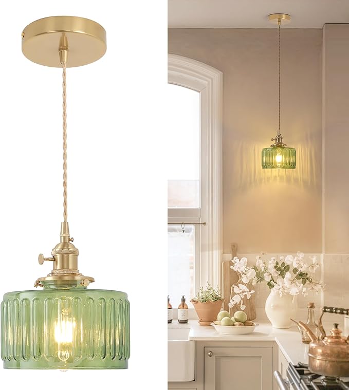 Pendant Light with Green Striped Glass Lmapshade, Brass Vintage Pendant Light Adjustable Hanging Light for Kitchen Island Dining Room Hallway