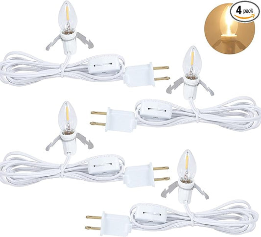 Set of 4 Accessory Light Cord with Single LED Bulb, 6FT Blow Mold Replacement Light Kit, C7 Clip Lights with One Bulb On/Off Switch & 2-Prong Plug for Christmas Village House, Pumpkin, Craft Projects
