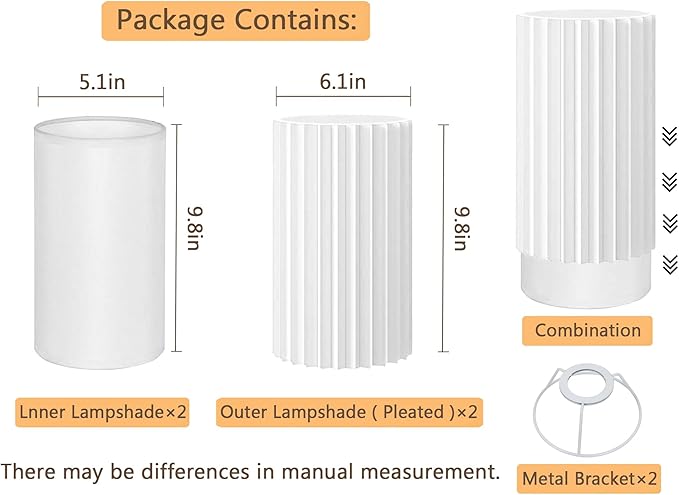 Small Lamp Shades Set of 2 for Table Floor Lamps, 9.8"x6.1"x6.1" Drum Lamp Shades, Pleated Lamp Shade, Linen Round Lampshades, White Barrel Lamp Shade, Medium Lamp Shade for Modern Interiors