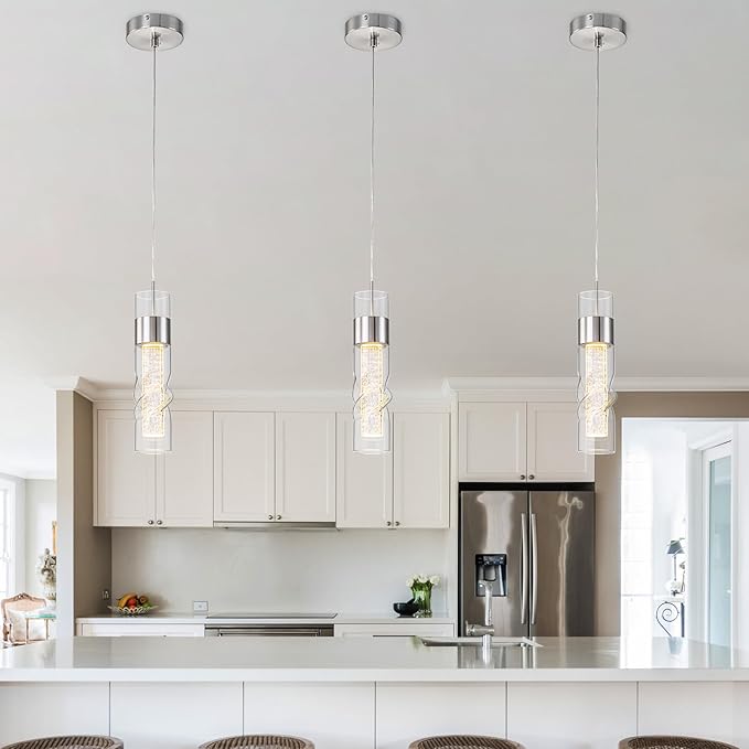 WILON Led Kitchen Island Ceiling Light, 9W Crystal Hanging Lights with Threaded Clear Glass, Adjustable Modern Pendant Light Led Kitchen Light Fixtures for Dining Room Bedroom(1 Pack)