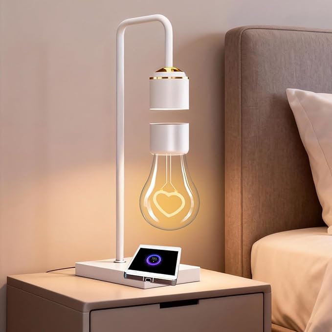 Magnetic Levitating Bulb Lamp with Wireless Charging Pad Magnetic Floating Levitation Heart Bulb Lamp LED Desk Lamp Night Light for Christmas Gift Bedroom Decoration Office Present