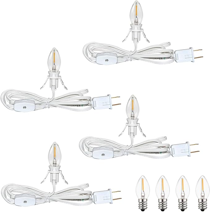 4 Set 6Ft White LED Accessory Cord with Light Bulb 8Pcs (4 for Spare) with Switch On/Off, Light up Christmas Decor - Clip-in C7 String Lights for Christmas Village House Salt Lamp & Blow Mold, 0.6W