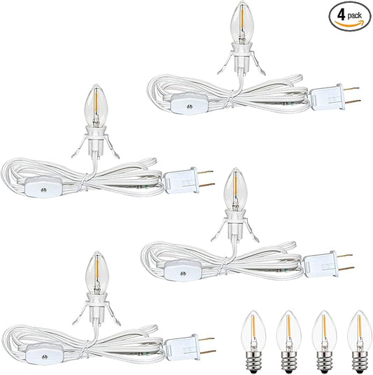 4 Sets 6FT White Accessory Cord with 8pcs LED Night Light Bulbs (4 Spare), E12 Socket C7 Bulbs Clip Lights with 360 Degrees On/Off Switch Plugs for Craft Lighting Halloween Christmas House Decorations