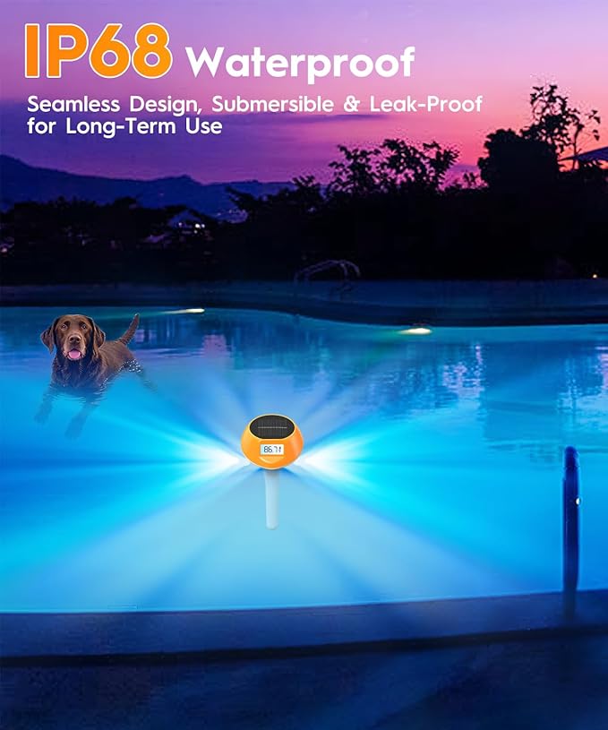 Solar Pool Lights for Inground Above Ground Pool, 22-Color 5-Mode, IP68 Waterproof Floating Pool Lights with Backlit Display, Magnetic Charging and Thermometer for Swimming Pool, Ponds, Tub, Spa