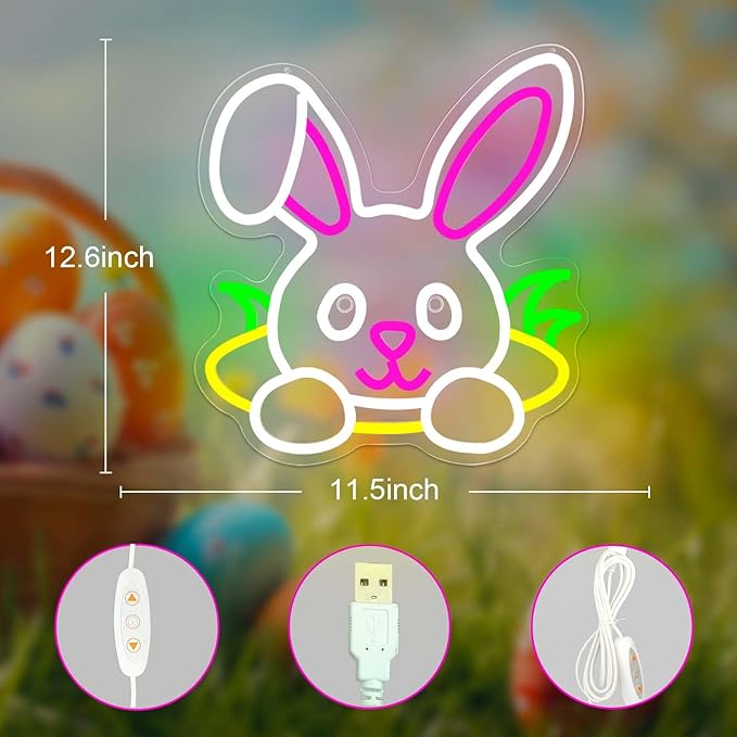 Easter Neon Sign Rabbit Hole LED Sign for Home Office Shop Dimmable Bunny Window Light Decorations Happy Easter Decor Light Up Bunny Sign for Bedroom Wall Hole Light Sign for Kids Room