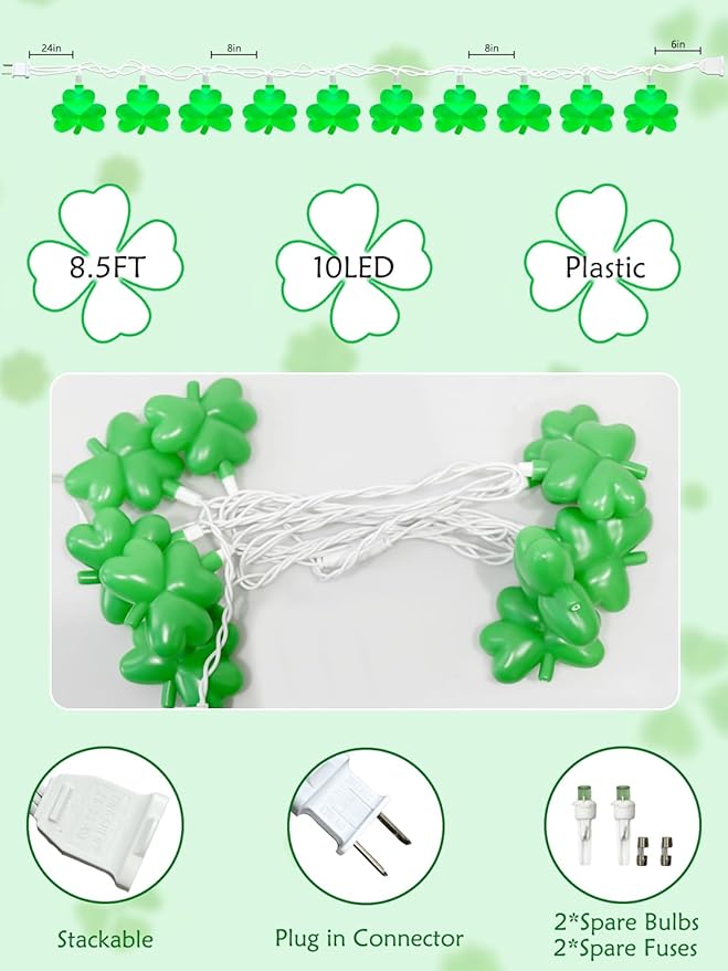 SUNSGNE St. Patrick's Day Lights Shamrocks Decorative String Light, Lucky Clover String Lights with 10 LED Green Fairy Bulbs for Indoor Outdoor St. Patrick's Party Holiday Decor, White Wire