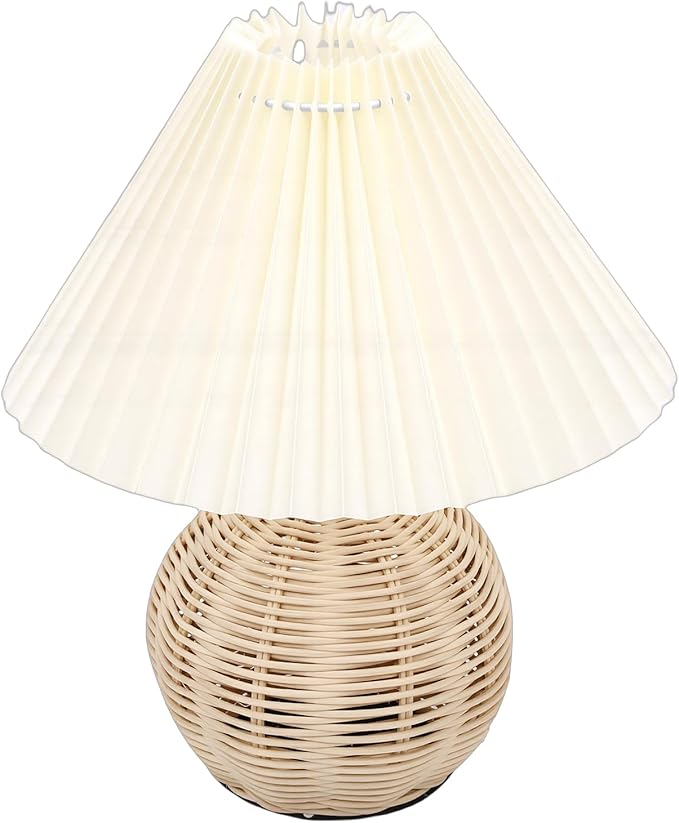 Hyuduo Pleated Table Lamp, Soft Yellow Light with Linen Lampshade and Rattan Base Bedside Lamp for Bedroom Nightstand, 10 Inch Shade 15 Inch Height Warm Glow Accent Light, Ideal for (Beige)