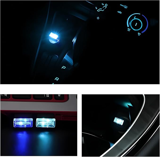 4 PCS USB LED Car Interior Atmosphere Lamp, Mini Night Light Plug-In Trunk Ambient Lighting Kit, Portable USB Interface LED Lamp Interior Decoration for Vehicle Home Office (Ice Blue)