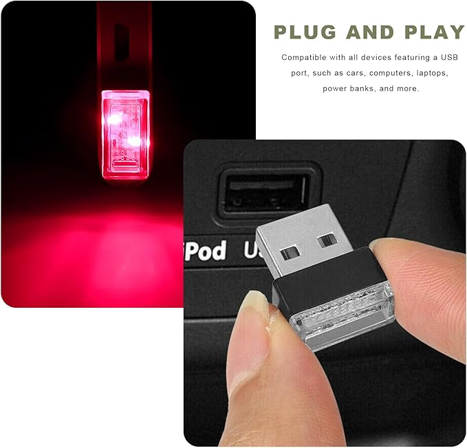 4 PCS USB LED Car Interior Atmosphere Lamp, Mini Night Light Plug-In Trunk Ambient Lighting Kit, Portable USB Interface LED Lamp Interior Decoration for Vehicle Home Office (Red)