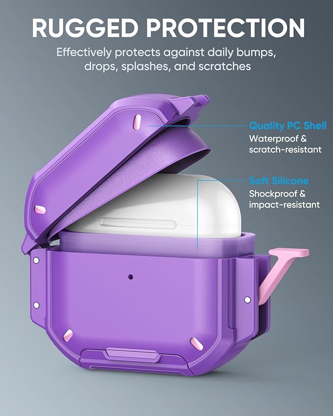 MoKo for AirPods Pro 3 Case with Secure Lock - IP68 Waterproof Case for iPods Pro 3, Military-Grade Protective Cover Earpods Pro 3 with Keychain, Phone Stand & Cleaner Kit, Purple