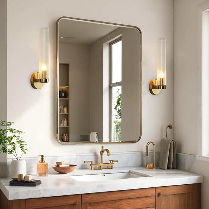 Fluted Textural Glass Wall Sconce, Modern Indoor Vanity Light, Glass Tube Wall Light Fixture with Metallic Finish, Wall Light fixtures for Bathroom, Mirror, Living Room, Bedroom (Brass)