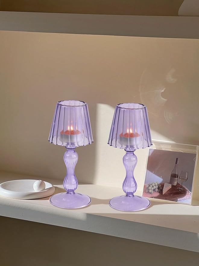 Desk Lamp Shaped Glass Candle Holder - Glass Hurricane Candleholder Crystal Decorative Candle Stand for Table Wedding Dinning Centerpieces Party Supplies Decor Purple