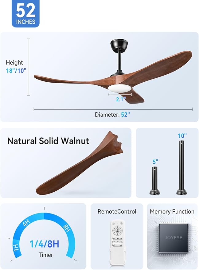 Ceiling Fans with Lights and Remote, 3 Solid Wood Blades, Outdoor Wooden Ceiling Fan with 2 Downrods for Patios, 52 Inch Modern Ceiling Fan with Noiseless Reversible DC Motor