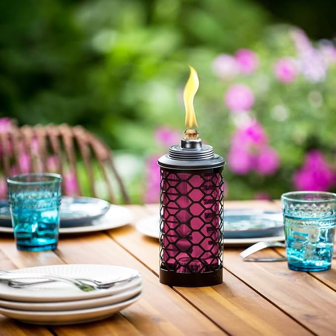 TIKI Convertible 65" Honeycomb Glass Torch – Burgundy Outdoor Decorative Lighting for Patio, Lawn & Backyard Décor | Weather-Resistant | Includes Long-Lasting Wick & Snuffer