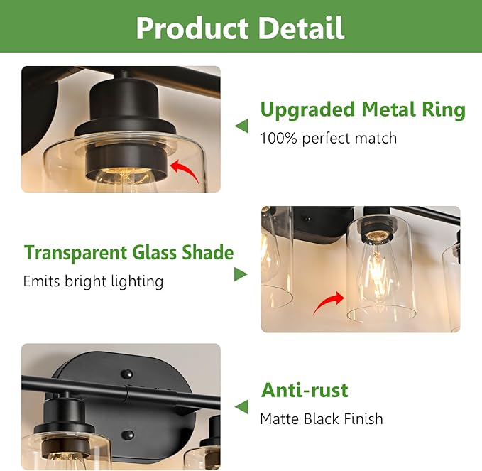 Ascher 4-Light Bathroom Light Fixtures, Modern Vanity Lights with Clear Glass Shade, Matte Black Wall Lamp for Bathroom Mirror Hallway Cabinet Porch