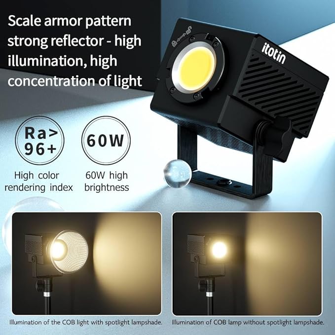 LED Video Light, 60W Mini COB Continuous Output Lighting Studio Photography Light, 2700K-7500K, CRI>96, TLCI>97, 2.4G/APP Control, 8 Lighting Effects (1 Pack, White)