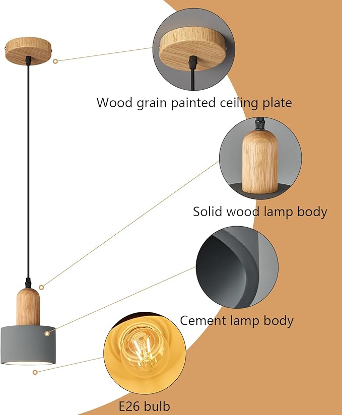 Modern Cement Pendant Lights Grey Chandelier Wooden Ceiling Lamps for Kitchen Island Bedroom Dining Room Living Room bar（3 Pack）