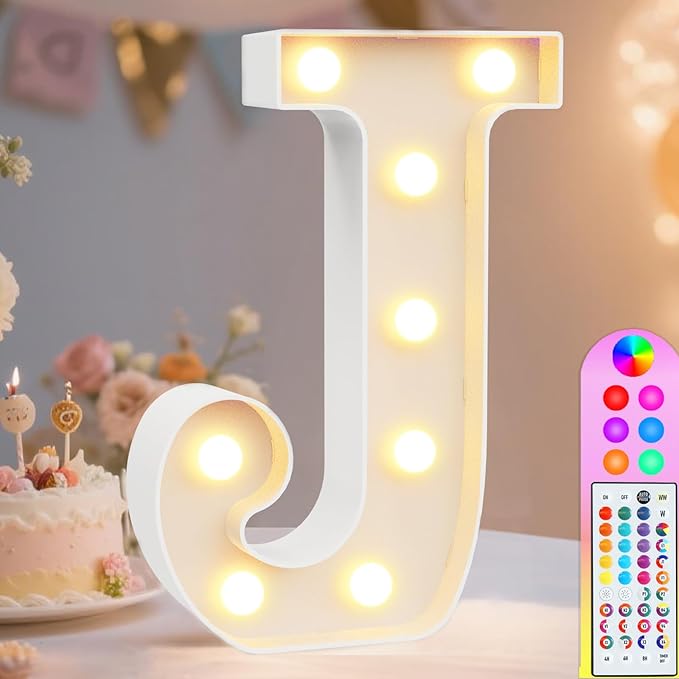 Pooqla Colorful Light Up Letters with Remote, Upgraded 35 Colors LED Marquee Letters, RGB Lighted Letter for Girls Teenager Gift, Birthday, Party, Wedding, Night Light, Room, Bedroom Decor, Letter J