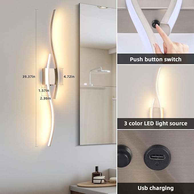 Battery Powered Wall Sconces Set of 2, Nickel 39" LED Dimmable Wall Sconce with Remote Control/Timer/Memory, USB Rechargeable Wall Lights for Living Room, Bedroom, Hallway Wireless scones Lighting