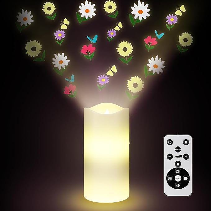 Baquler Wildflower Flameless Candles Spring Projector Lights Decoration LED Candle Battery Operated Night Light with Remote Timer for Wedding Tea Party Spring Summer Decorations for Home