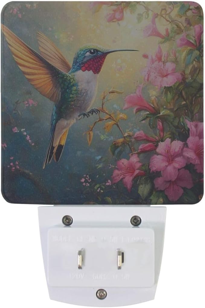 Spring Hummingbird Flowers Night Light 2 Pack Dusk to Dawn Sensor Led Lamp for Women Men Night Lights Plug into Wall Decor for Bedroom Kitchen Corridor, 0.5W