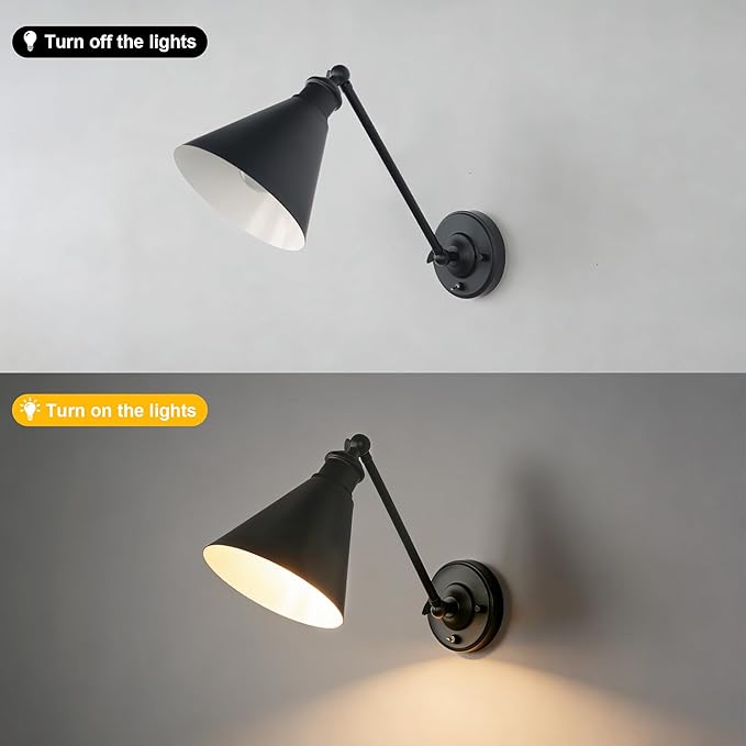 Industrial Vintage Slope Pole Wall Mount Single Sconce with Funnel Flared Metal Shade, Swing Arm Wall Sconce Light Lamp Fixture Hardwired