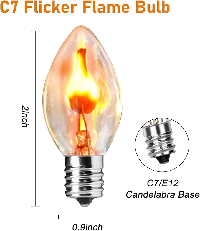 25 Pack C7 Christmas Flickering Flame Light Bulbs, 1W Clear Flicker Flame Candles Light Bulbs, E12 Candelabra Replacement Light Bulb for Christmas Electric Window Candles Chandelier Night Light