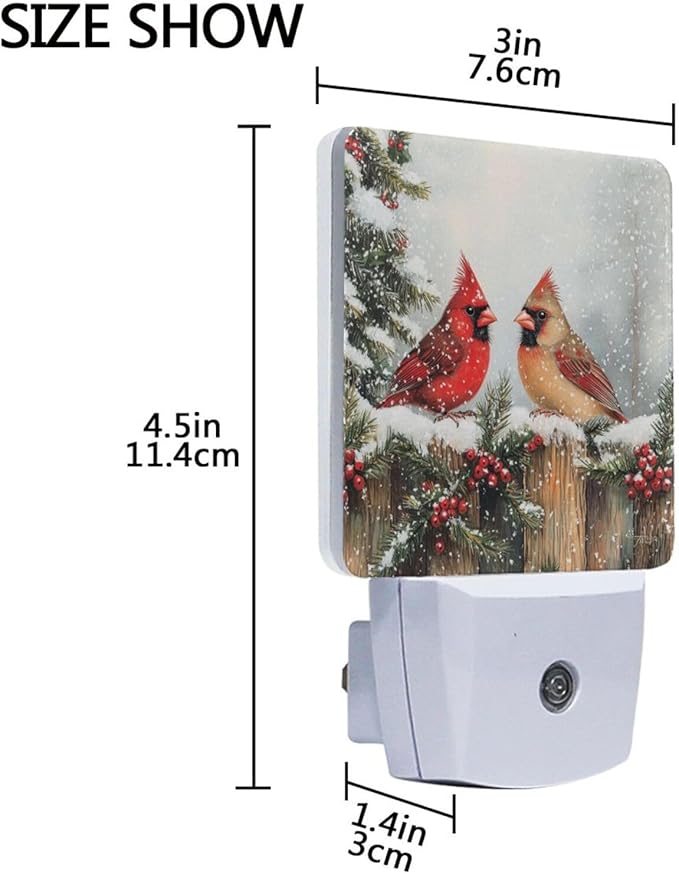 Christmas Winter Red Birds Night Light 2 Pack Dusk to Dawn Sensor Led Lamp for Women Men Night Lights Plug into Wall Decor for Bedroom Kitchen Bathroom Corridor, 0.5W