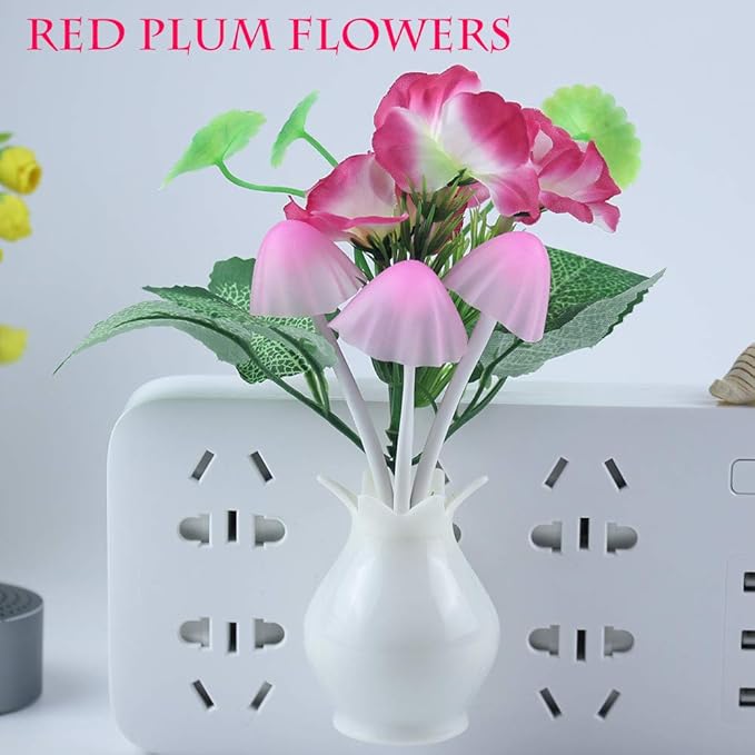 4 Pack Mushroom Night Light, Tulip Clove Plum Flowers Plants Plug-in Mushrooms Colors Changing Nightlight Colorful LED Wall Lamp Little Night Lights for Bathroom Bedroom Corridor Nursery