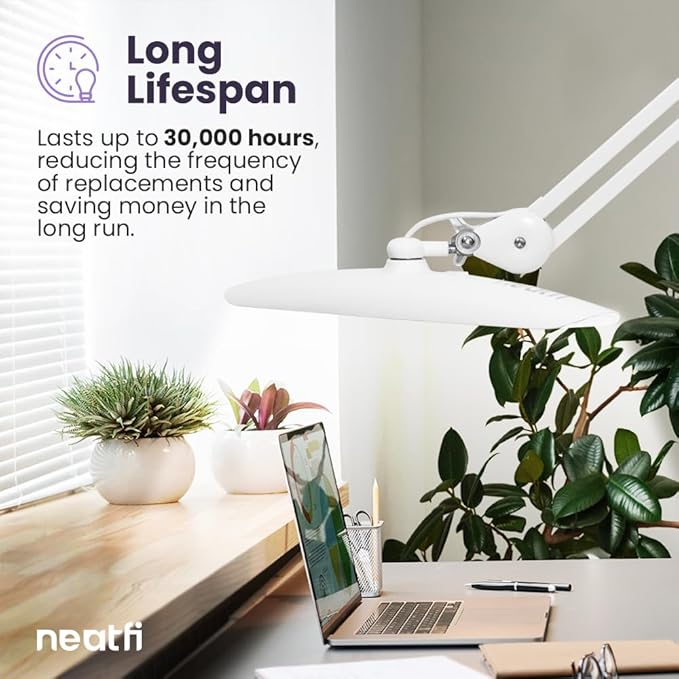 Neatfi XL LED Desk Lamp with Base, 2200 Lumens, 24W, 20-Inch Wide Head, Dimmable 4 Brightness Levels, Task Light for Home Office, Crafts, Workbench (Non-CCT, White)