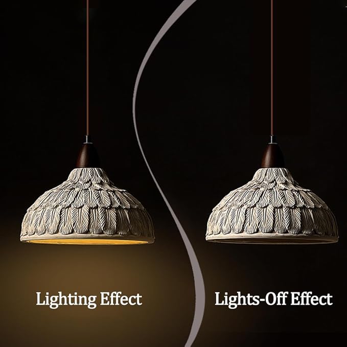 Wabi Sabi Pendant Light, 11" Retro Japanese Style Concrete Pendant Light with Feather Textured Lampshade, Cement Pendant Light Fixtures Ider for Bedroom Living Room Kitchen Island (No Bulb)
