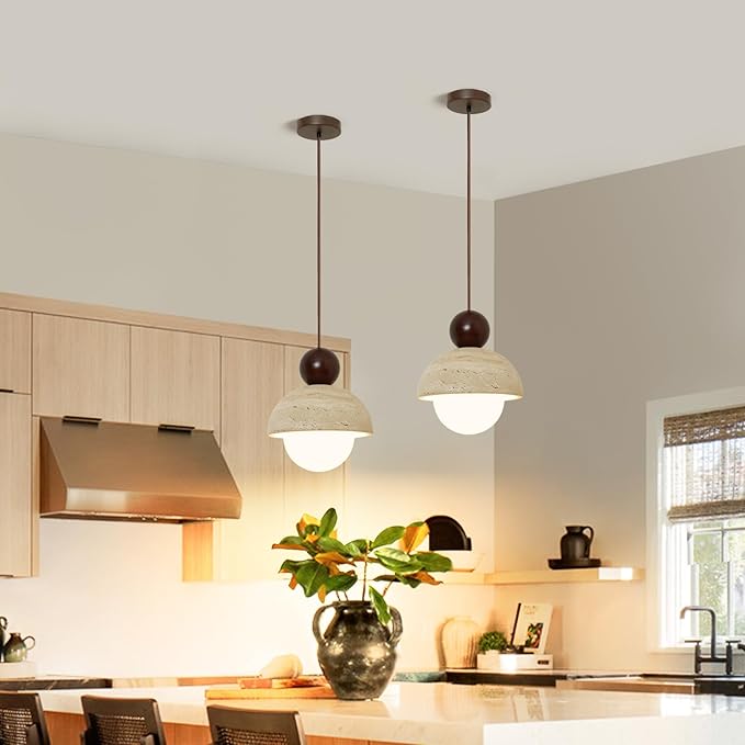 Japanese Light Fixture Wabi-Sabi Style Natural Yellow Travertine Pendant Light with Glass and Solid Wood, Mini Hanging Light Fixture for Kitchen Island, Dining Room, Bedroom, Compatible with G9 Bulb