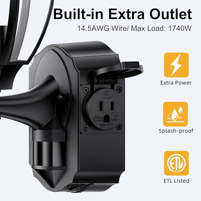 Porch Lights with Outlet, Motion Sensor Outdoor Lights, Updated Dusk to Dawn Exterior Lighting Fixtures, Waterproof Anti-Rust Aluminum Outside Light for House Entryway Garage, Black