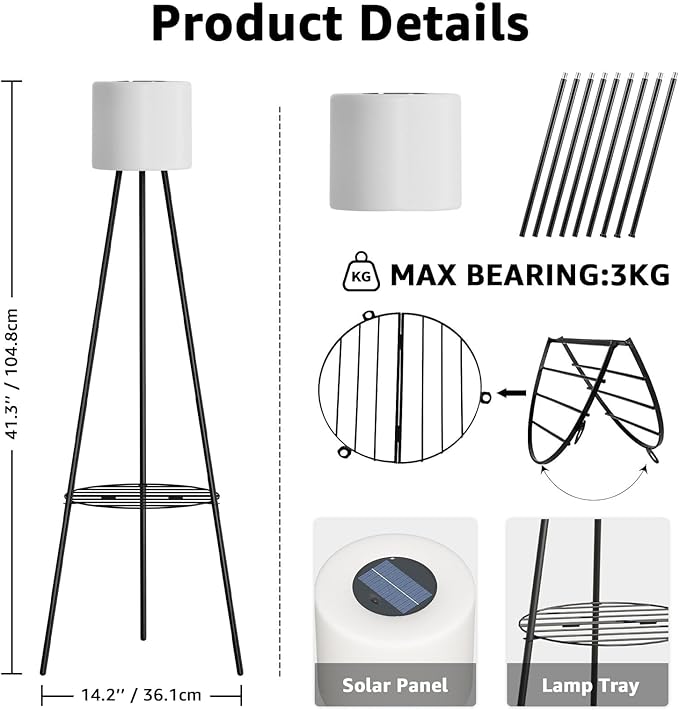 FUYO 2 Pack Solar Floor lamp Outdoor, 41.3'' Solar Powered Lights with 2 Plant Stand, Water-Resistant IP54 Outside Floor Lamps with 3 Lighting Modes for Patio Porch Yard Deck Decor