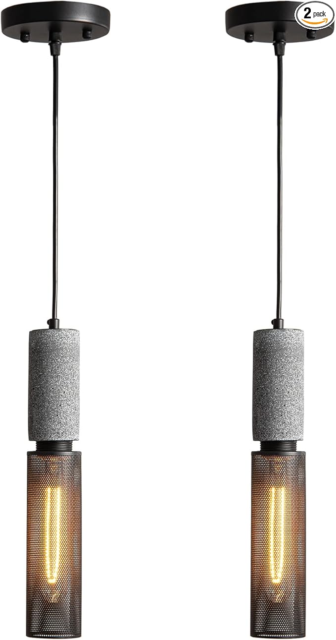 Concrete Linear Pendant Light with a Metal Mesh Shade,Modern Industrial Hanging Cement Pendant Lighting Fixture for Kitchen Island Dinning Room Bedroom(Black 2-Pack)