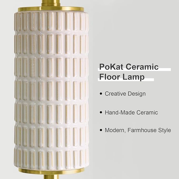 PoKat Gold Ceramic Floor Lamp for Living Room Bedroom, 64" Modern Standing Lamp with Rotary Switch, Tall Living Room Lamp Decor for Reading Corner, Home Office, Nursery, Brushed Gold
