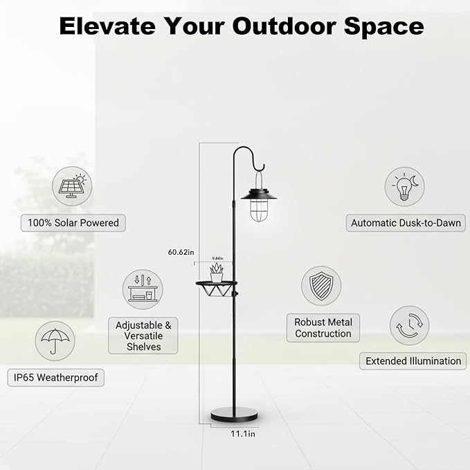 Kirschblüte Solar Floor Lamp with Table, 60" Outdoor Shepherd Hook with Solar Light Waterproof Metal Side Table for Patio, Heavy Duty Solar Pole Light for Garden, Deck, Porch and Backyard Decor