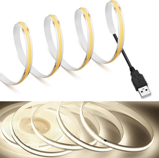 MDee】COB LED Strip Lights 4000K Nature White USB Powered 5V Flexible LED Tape Lights with USB Connector CRI 90+ 800LM/m 320LEDs/m for Indoor and Outdoor Décor（4000K Nature White 6.56ft/2m）