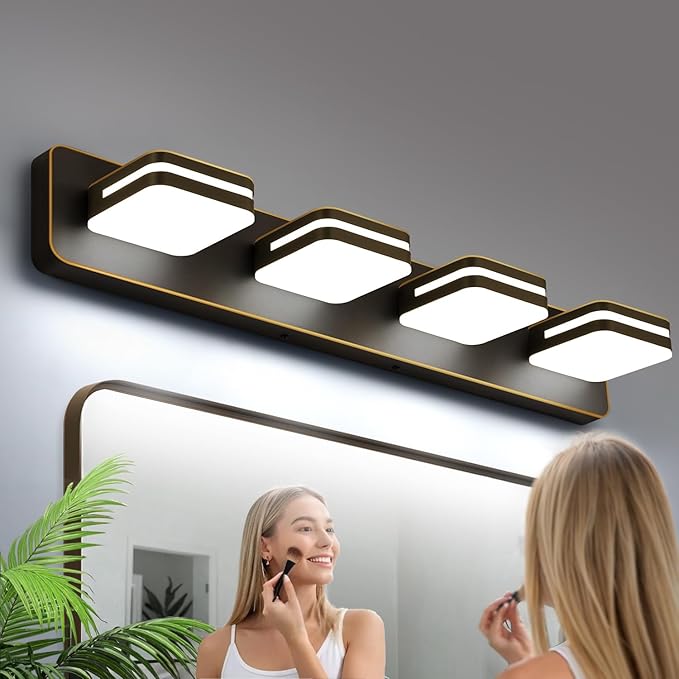 1600LM LED Modern Bathroom Vanity Light Fixtures, 360° Rotate Acrylic Brown and Gold Vanity Lights for Bathroom, Modern Wall Lighting Fixtures Over Mirror Kitchen Living (Natural White Light 5000K)